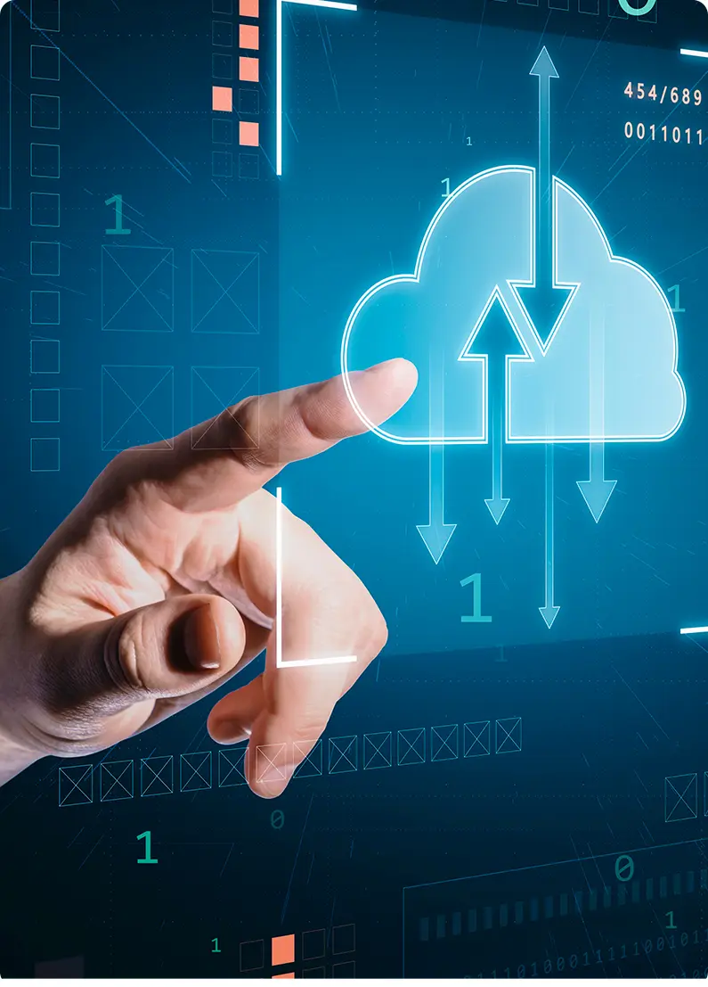 data-transfer-cloud-service-concept-with-man-finger-virtual-touch-screen-with-glowing-digital-cloud-symbol-arrows-frame-dark-technological-background